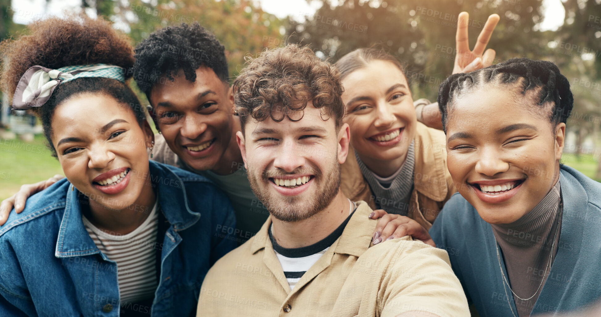 Buy stock photo Selfie, students or smile in portrait on campus for university memory, social media post or profile picture update. Study group, diversity or friends in photograph at college with peace sign or happy