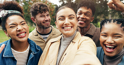 Buy stock photo Selfie, students and smile in portrait at university for campus memory, social media post and profile picture update. Study group, diversity or friends in photograph at college with laughing or happy