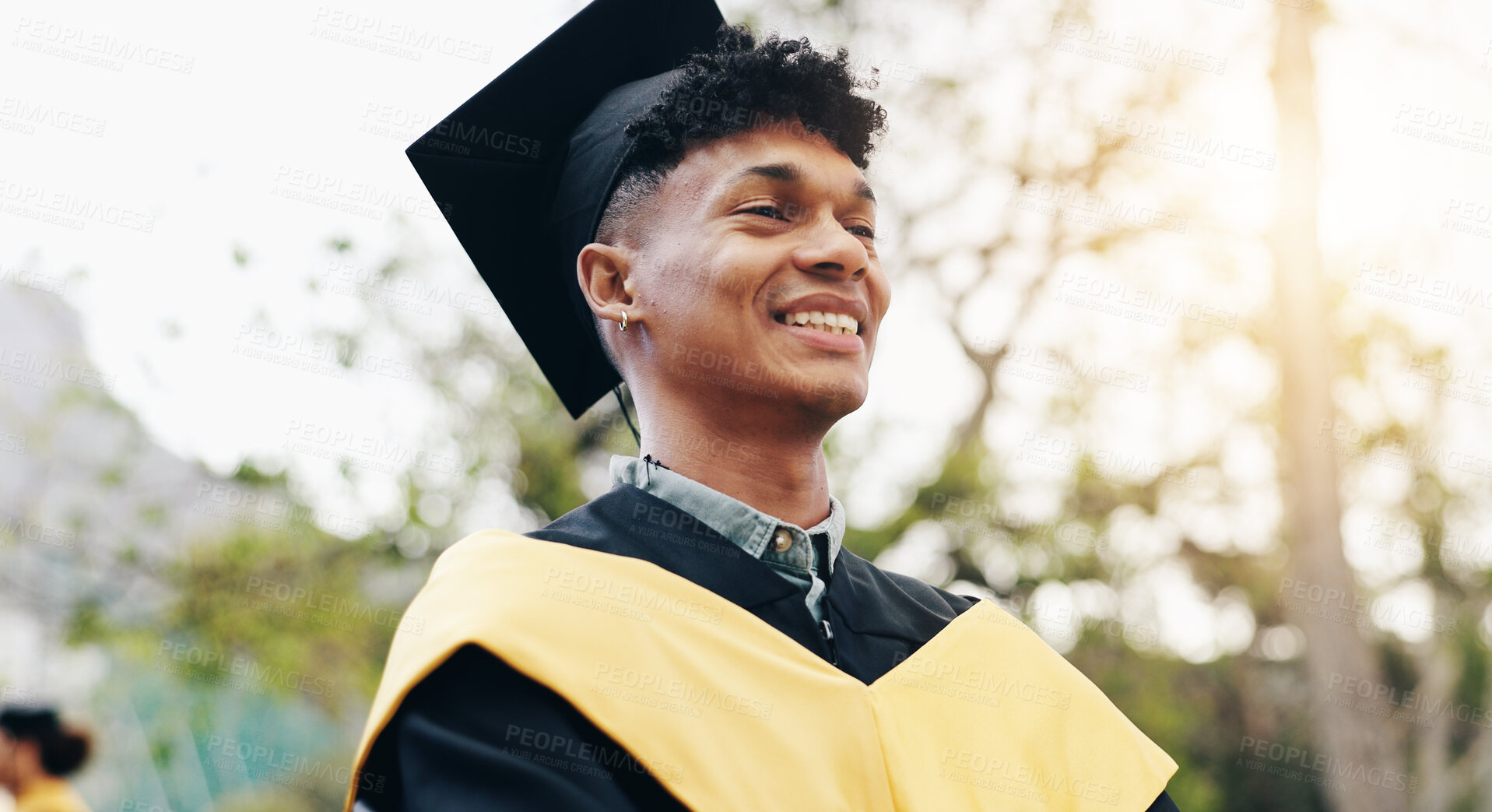 Buy stock photo Outdoor, man and happy for graduation at university with pride and confidence for future in Cuba. Male person, college learner and smile for qualification, education and achievement on campus