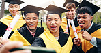 Selfie, excited and friends at university graduation with degree certificate for education achievement. Happy, diploma and group of students with photography picture for memory of college goals.