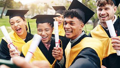 Buy stock photo Selfie, happy and students at university graduation with degree certificate for education achievement. Excited, diploma and group of friends with photography picture for memory of college goals.