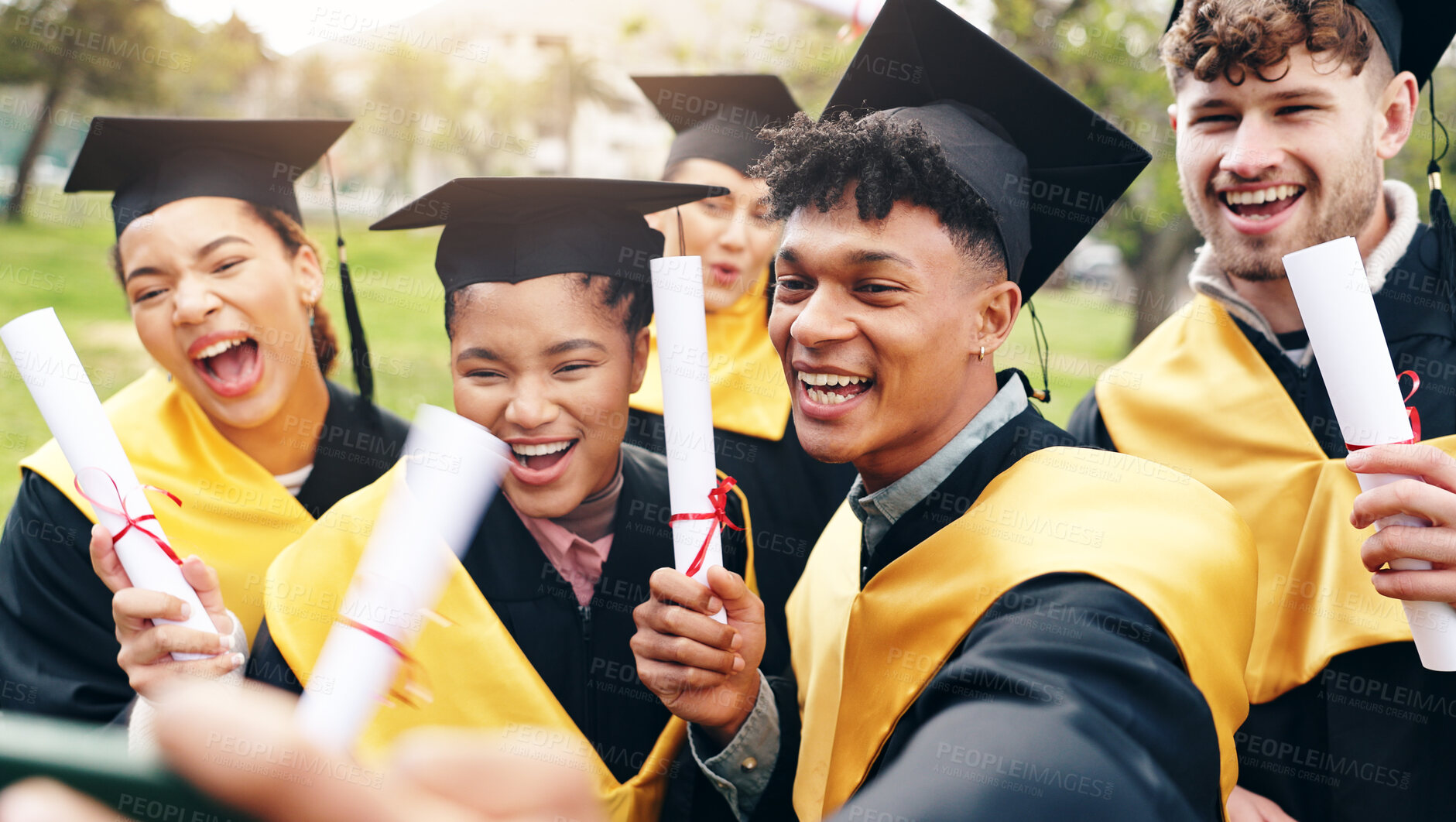 Buy stock photo Selfie, happy and students at university graduation with degree certificate for education achievement. Excited, diploma and group of friends with photography picture for memory of college goals.