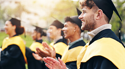 Buy stock photo Outside, students and applause for college graduation on campus for congratulations, well done and success. Classmates, people and happy with clapping hands for education and certificate ceremony 