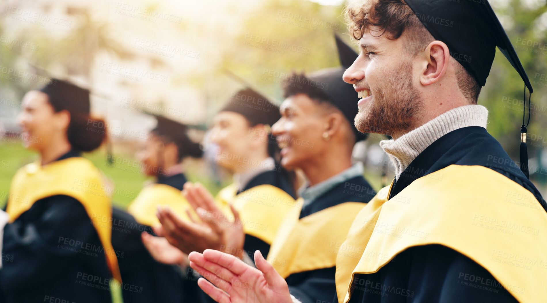 Buy stock photo Outside, students and applause for college graduation on campus for congratulations, well done and success. Classmates, people and happy with clapping hands for education and certificate ceremony 