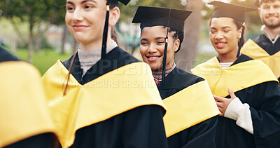 Buy stock photo Row, graduation and students outdoor at university for achievement in degree, certificate or diploma. Happy, excited and woman with friends in line for education study goal ceremony at college.