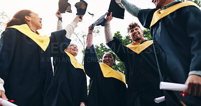 Buy stock photo Students, victory and graduation cap in sky on campus with celebration and success People, college and university classmate or friends with smile or happy for qualification, education and achievement