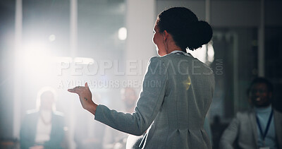 Buy stock photo Woman, speaker and audience at convention, stage or discussion with seminar event for gender equality. Person, back and information with speech, inclusion or feedback at conference with presentation