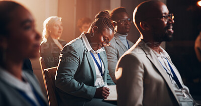 Buy stock photo Business, woman and writing at presentation seminar for notes, listening and corporate training of speech. Female person, crowd and meeting with learning information, coaching and feedback at event