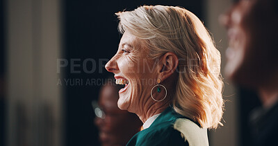 Buy stock photo Woman, happy or profile in seminar for business, employee engagement or positive reinforcement. Mature guest speaker, laugh or fun in conference for presentation, productivity or feedback in campaign