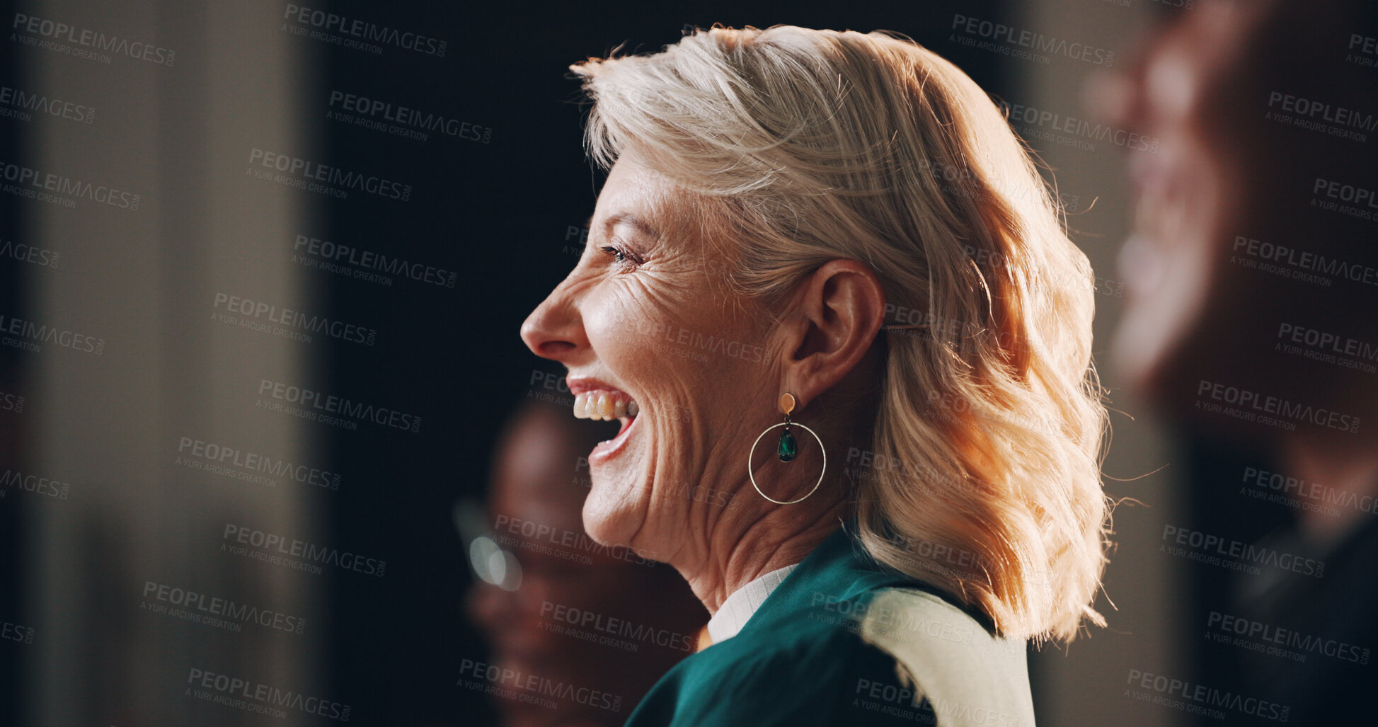 Buy stock photo Woman, happy or profile in seminar for business, employee engagement or positive reinforcement. Mature guest speaker, laugh or fun in conference for presentation, productivity or feedback in campaign