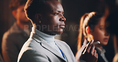 Buy stock photo Man, thinking or crowd at seminar for business, planning or future question for development. Staff, person or listening at presentation with ideas, workshop or feedback in campaign or corporate event