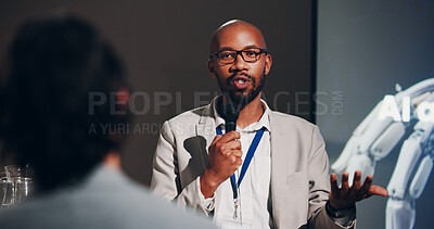 Buy stock photo African man, speaker and presentation in business seminar for project, machine learning or company. Male person, discussion and AI training for innovation, automation and development with microphone