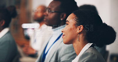 Buy stock photo Business people, crowd and listening for conference, presentation and global seminar with diversity. Corporate event, convention and networking for collaboration, workshop and industry development