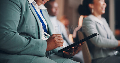 Buy stock photo Hands, person and tablet at presentation seminar for notes, listening and corporate training of speech. Business, woman and digital with meeting information, learning and coaching feedback at event
