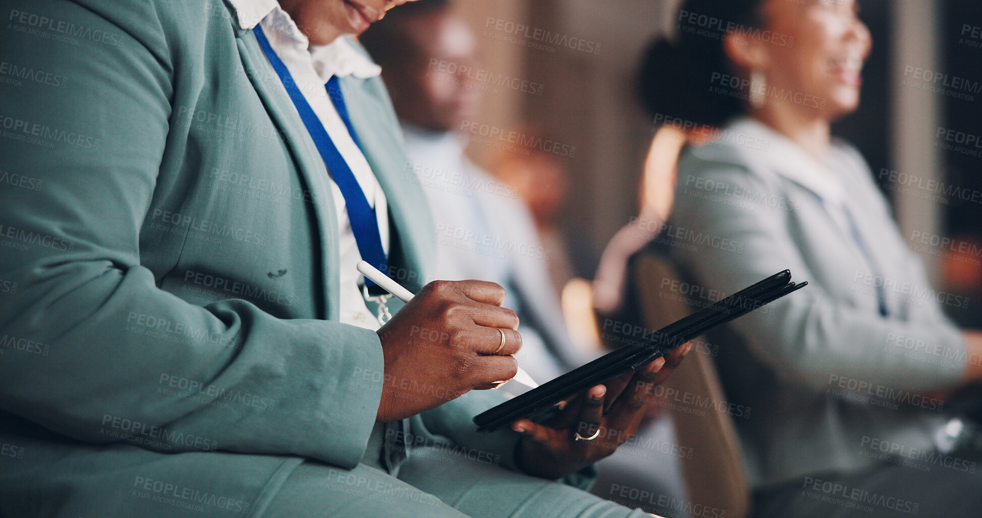 Buy stock photo Hands, person and tablet at presentation seminar for notes, listening and corporate training of speech. Business, woman and digital with meeting information, learning and coaching feedback at event