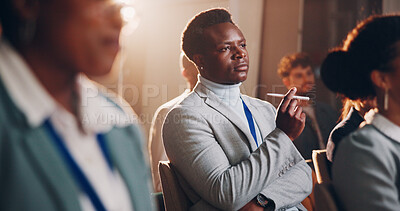 Buy stock photo Business, man and pen with presentation seminar of conference, listening and corporate training for speech. Thinking, male person and crowd with meeting for learning, information and convention event