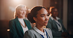 Woman, thinking and crowd in presentation for business, employee engagement or campaign information. Staff, girl or listening in conference room for seminar, corporate training or feedback in speech