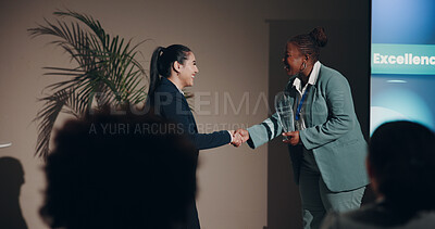 Buy stock photo Business women, handshake and smile for prize, congratulations or meeting on event stage. Celebration, shaking hands and introduction for conference, award or interview for tradeshow presentation