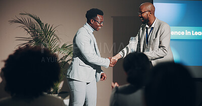 Buy stock photo Handshake, award and smile of men, seminar and congratulations for success, event or corporate. Thank you, professional and celebration of hard work, winning and holding hands for conference or prize