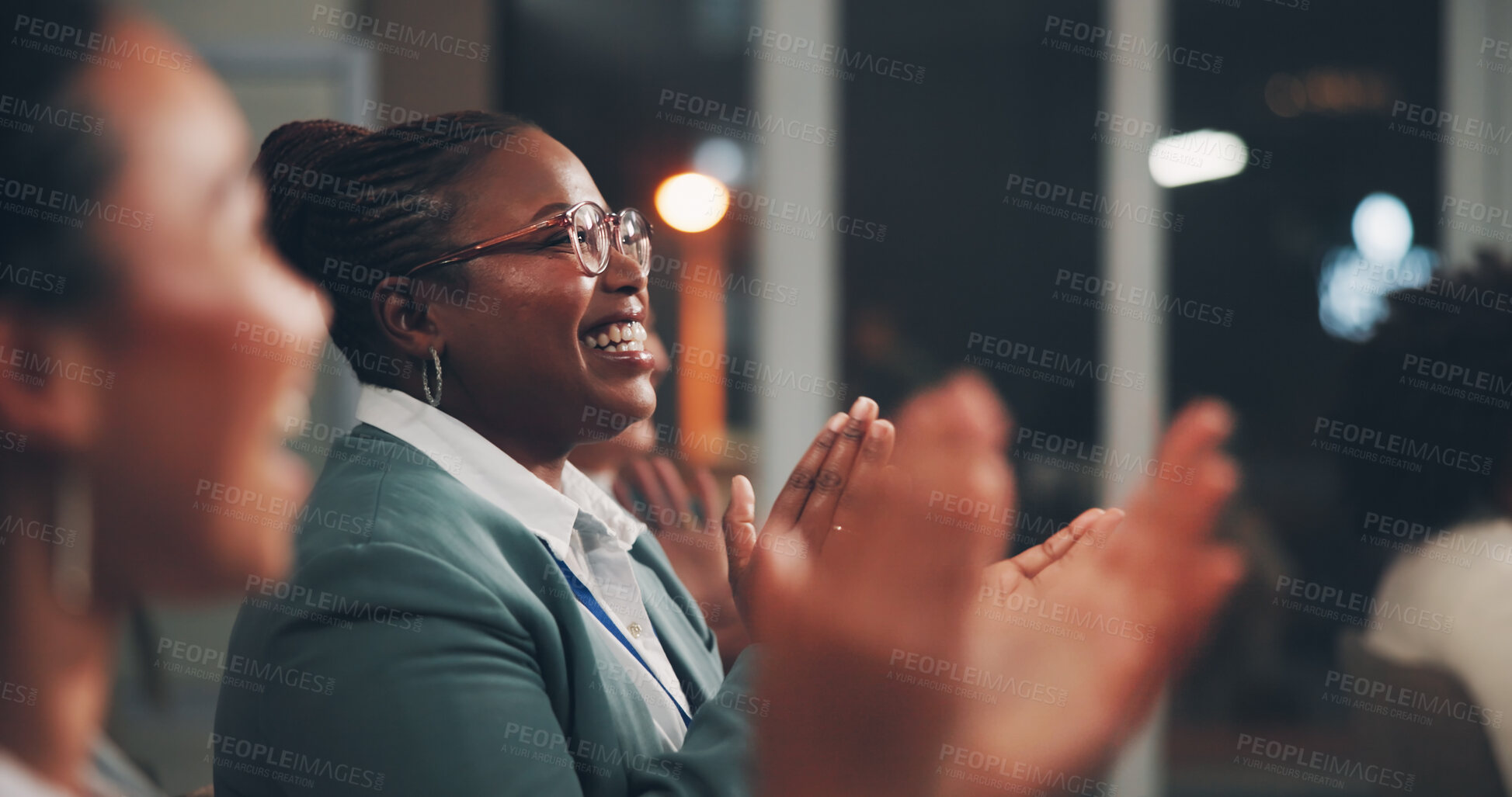 Buy stock photo Corporate, woman and crowd with applause at seminar for  success, profit increase and presentation achievement. Person, clapping and growth with investment, winner and promotion celebration for award