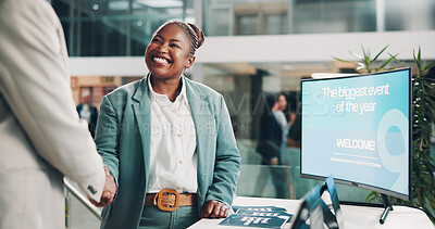 Buy stock photo Business, computer and black woman with handshake by screen for innovation, conference and agreement. Corporate, merger and people with smile by tech for b2b, integration and success in acquisition