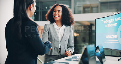 Buy stock photo Business women, handshake and smile for b2b, greeting or partnership meeting at event. Happy executive, shaking hands and introduction for conference, sign in or interview for tradeshow presentation