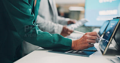 Buy stock photo Welcome booth, convention and tablet sign in at expo for summit, information or showcase. Product exhibition, brochure and networking pitch with person at seminar for workshop, tradeshow and event