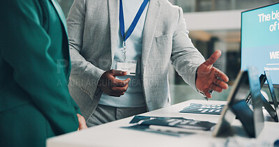 Buy stock photo Welcome booth, conference and hands with business people at expo for summit, information or showcase. Product exhibition, brochure and networking pitch with employee at seminar for workshop event