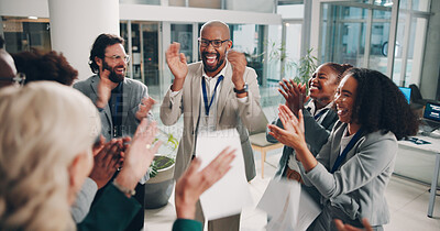 Buy stock photo Business people, happy and celebration at office as winner, guest or host for environmental summit success. Diversity teamwork and applause for conference, seminar or convention for renewable energy