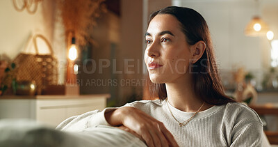 Buy stock photo Face, serious and thinking with woman on sofa in living room of home for contemplation or wellness. Future, idea and vision with confident person in apartment for memories, nostalgia or planning