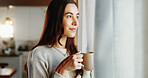 Woman, thinking and smile with coffee in home for relax, morning caffeine and wondering by window. Girl, person and tea in house for inspiration, happy memory and daydreaming to unwind in living room