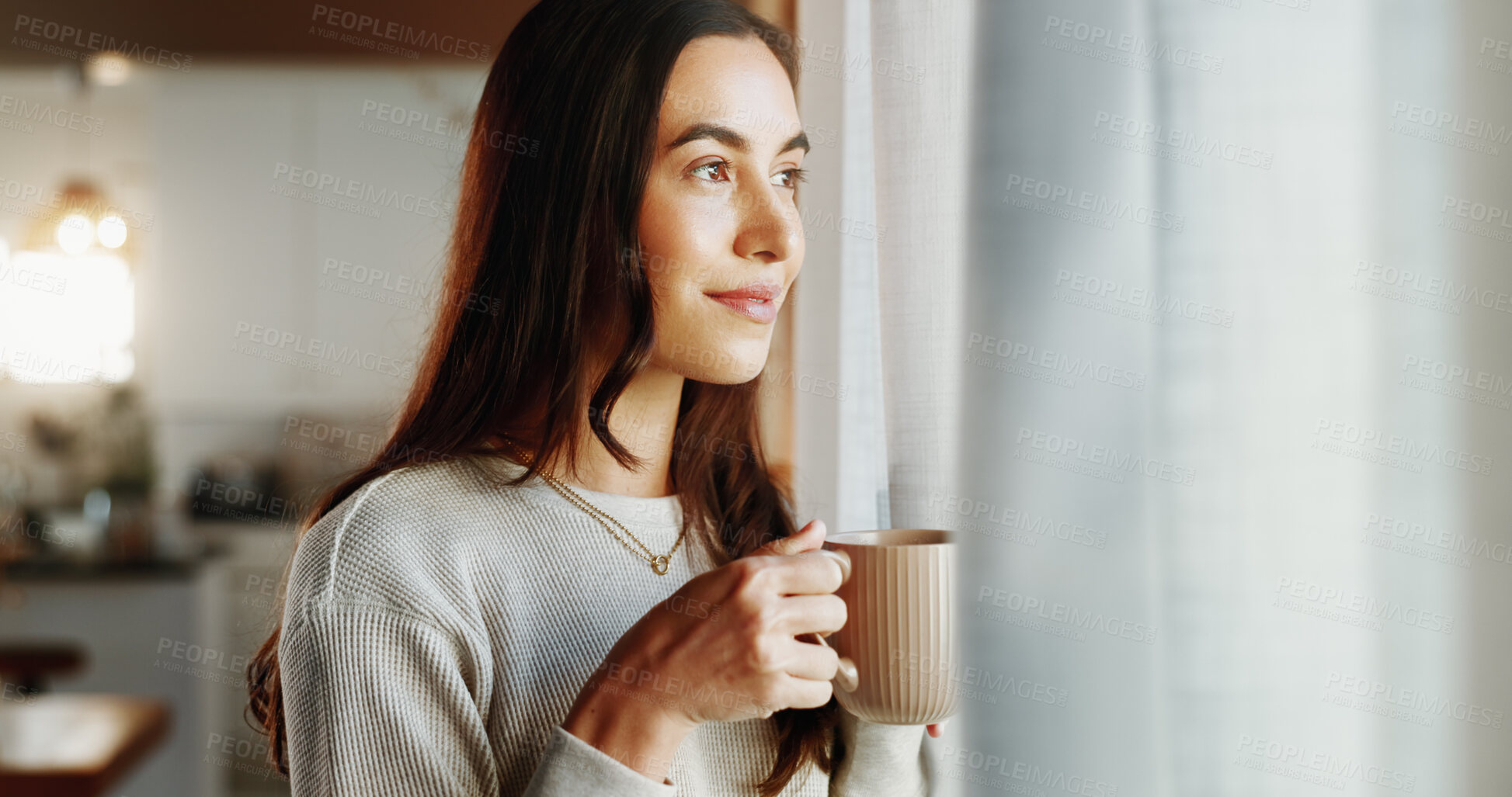 Buy stock photo Woman, thinking and smile with coffee in home for relax, morning caffeine and wondering by window. Girl, person and tea in house for inspiration, happy memory and daydreaming to unwind in living room