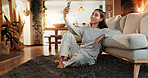Relax, selfie and smile of woman on floor in living room of home for social media profile picture. App, photograph and wellness with happy person in apartment for online or mobile status update