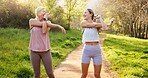 Fitness, stretching and mother with girl in nature for workout, outdoor exercise and wellness for health. Mature mom, daughter or women in park for training, sports routine or warm up in Australia