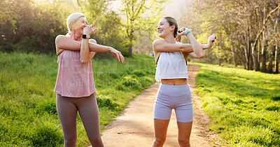 Buy stock photo Fitness, stretching and mother with girl in nature for workout, outdoor exercise and wellness for health. Mature mom, daughter or women in park for training, sports routine or warm up in Australia