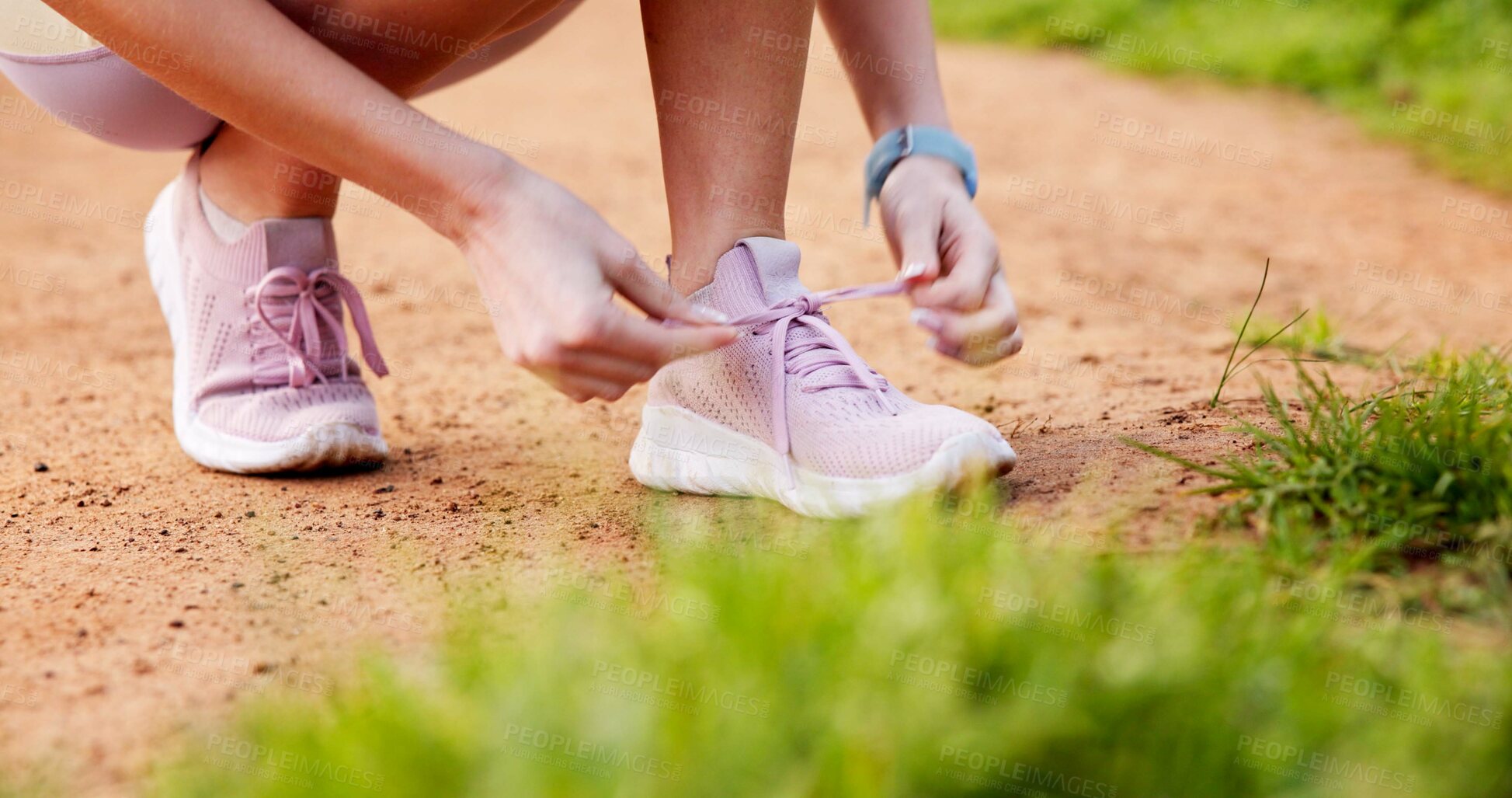 Buy stock photo Sports, hands and person tying laces in nature for running, workout or training for marathon. Shoes, outdoor and closeup of athlete preparing for cardio, fitness or endurance exercise in park.