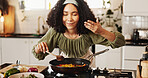 Happy woman, cooking and pan with stir fry on stove for food, meal prep or vegetables in kitchen at home. Female person, spoon and smell with organic ingredients for good aroma or recipe at house