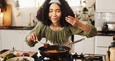 Buy stock photo Happy woman, cooking and pan with stir fry on stove for food, meal prep or vegetables in kitchen at home. Female person, spoon and smell with organic ingredients for good aroma or recipe at house