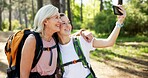 Nature, hiking and women with hug for selfie, document memory and bonding for profile picture. Outdoor, senior mother and daughter with photography for social media, fitness experience and wellness