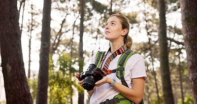 Buy stock photo Nature, thinking and woman with camera for photography, adventure and capture memory of hiking journey. Outdoor, female person and photographer for travel magazine with shooting, picture or equipment