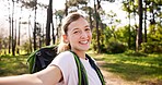 Outdoor, hiker and woman in portrait for selfie, document memory and explore for profile picture. Nature, female person and hiking with photography for social media, fitness experience and wellness