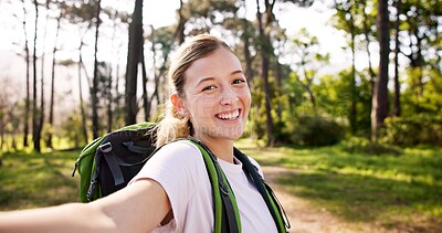 Buy stock photo Outdoor, hiker and woman in portrait for selfie, document memory and explore for profile picture. Nature, female person and hiking with photography for social media, fitness experience and wellness