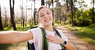 Buy stock photo Happy woman, portrait and selfie with backpack for hiking, travel memory or live streaming adventure in forest. Female person, influencer or smile with bag for trekking journey in woods or nature