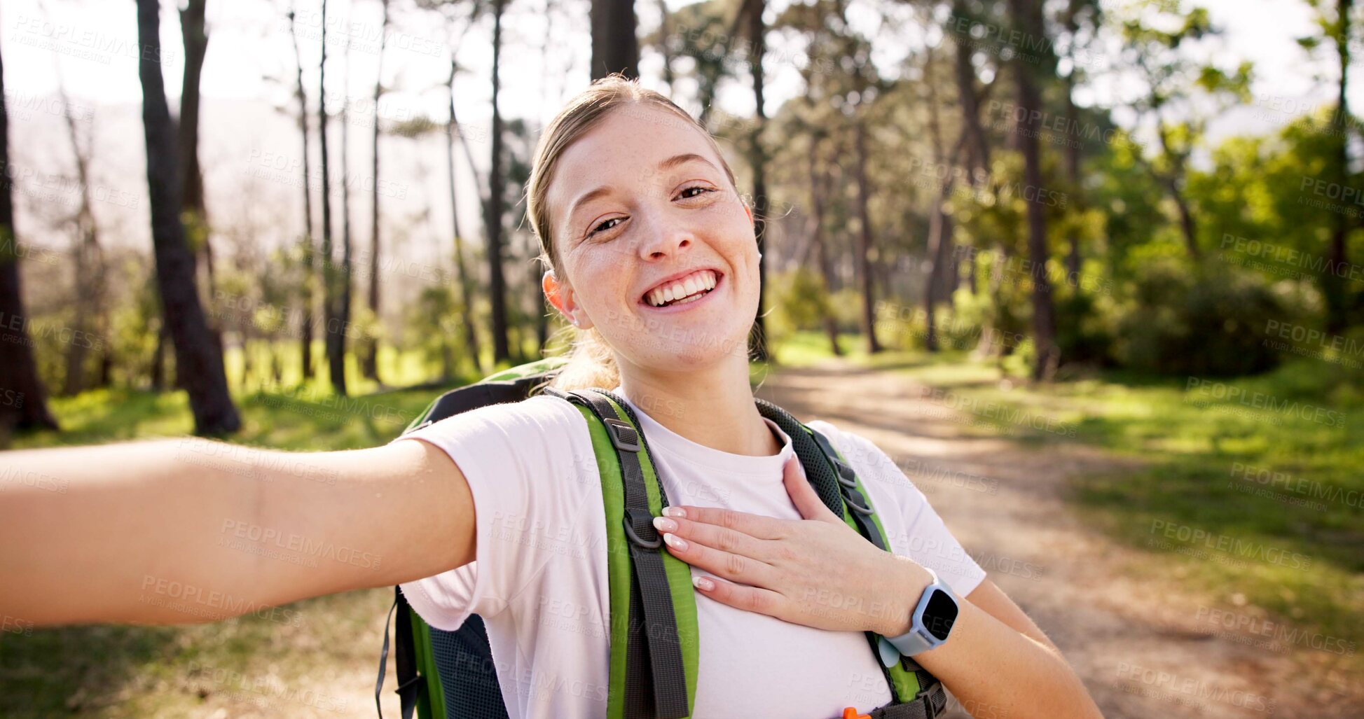 Buy stock photo Happy woman, portrait and selfie with backpack for hiking, travel memory or live streaming adventure in forest. Female person, influencer or smile with bag for trekking journey in woods or nature