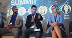 Conference, seminar and keynote speaker with business people and technology for networking, industry panel and summit. Convention, stage and ai ethics with speech for audience, event showcase or news