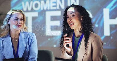 Buy stock photo Women, empowerment and seminar with business people and technology for networking, industry panel and keynote speaker. Hackathon, summit and ai ethics with conference for audience, showcase and news