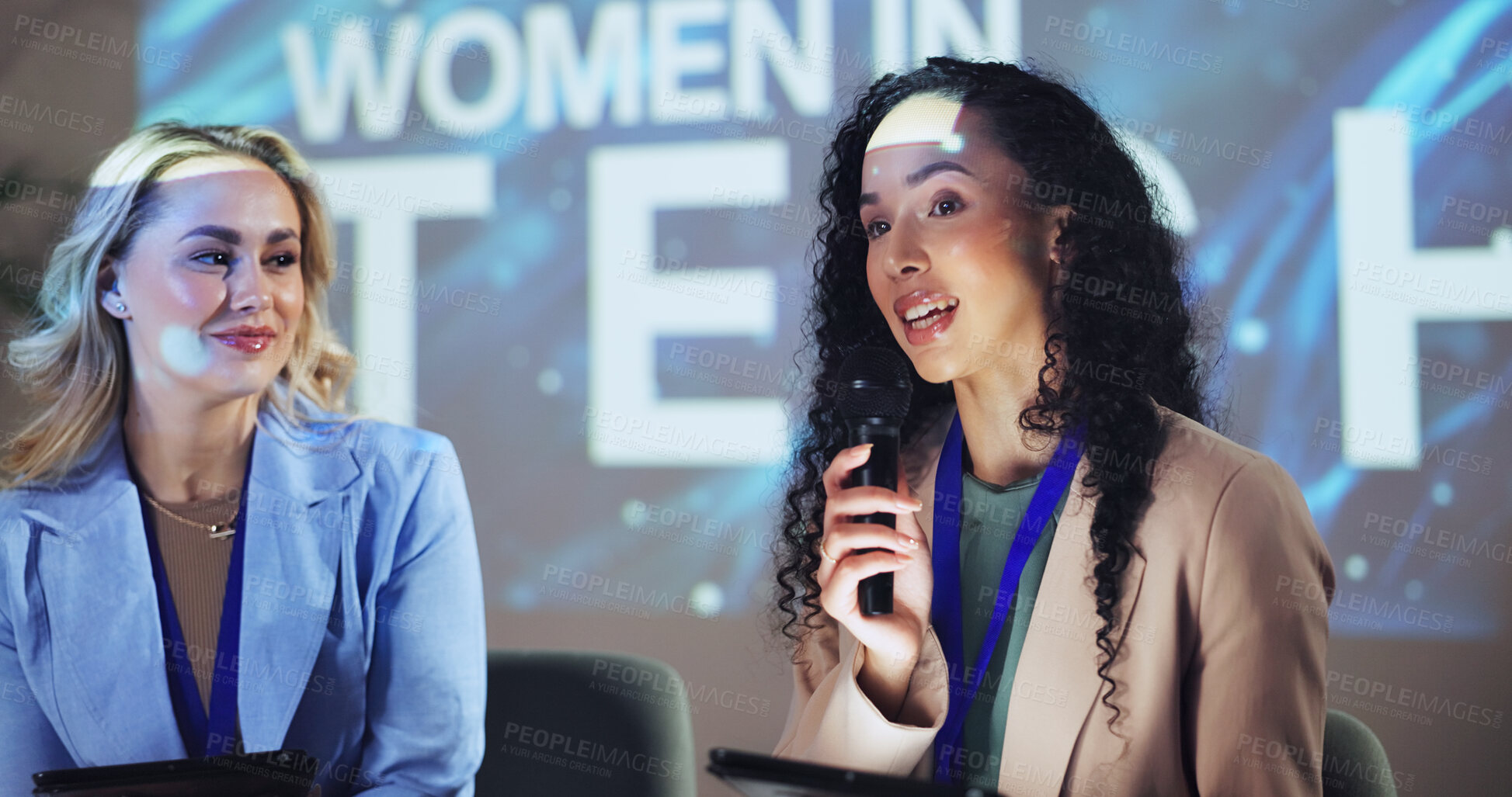 Buy stock photo Women, empowerment and seminar with business people and technology for networking, industry panel and keynote speaker. Hackathon, summit and ai ethics with conference for audience, showcase and news