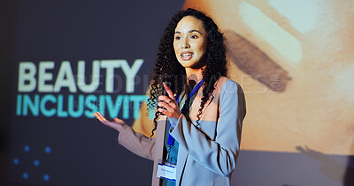 Buy stock photo Woman, presentation and speech at seminar with beauty, inclusivity and stage with microphone for skincare. Person, speaker and announcement for makeup, cosmetics and info at international conference