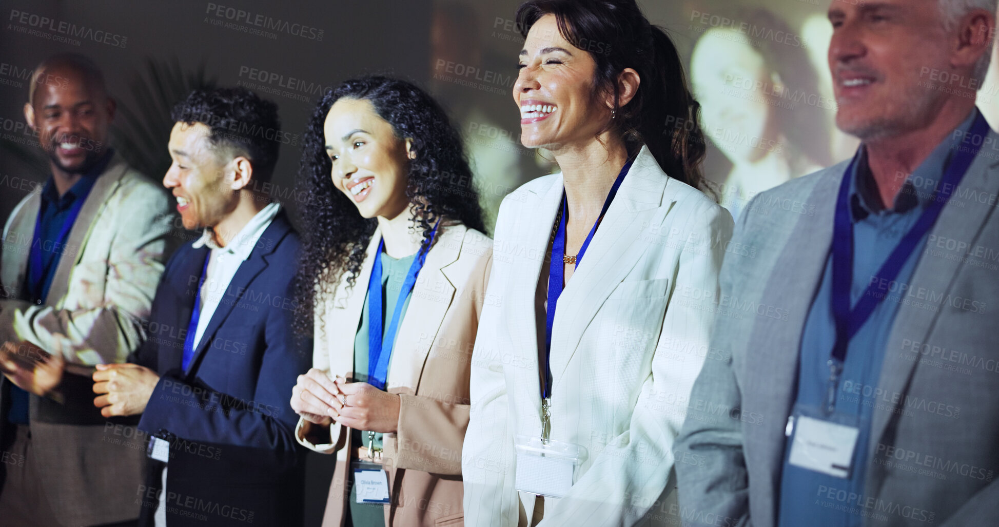 Buy stock photo Presentation, conference and happy business people on a stage at tradeshow, convention and seminar. Public speaking, audience and men and women for achievement, thank you and winning at company event