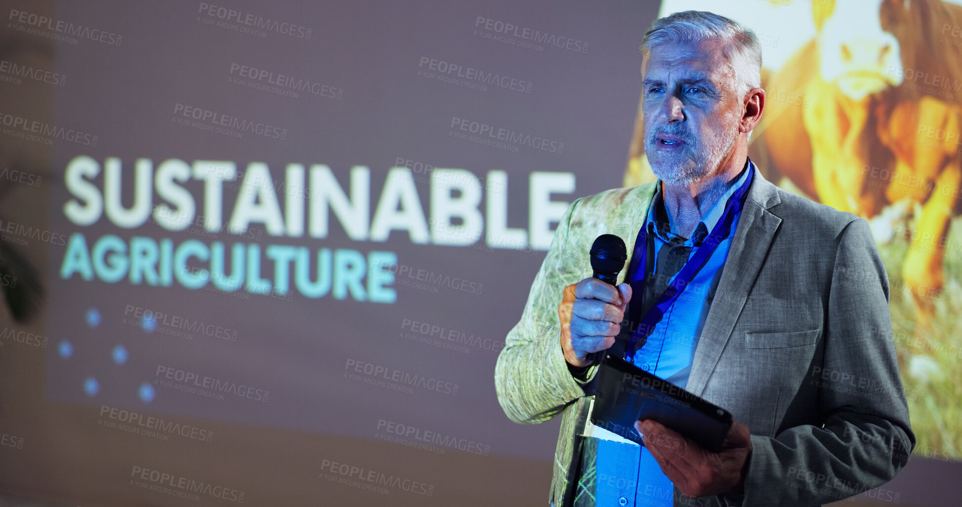 Buy stock photo Presentation, workshop and man on a stage for agriculture tradeshow, convention and seminar. Public speaker, audience and mature person, tablet at event and environment, sustainability and farming